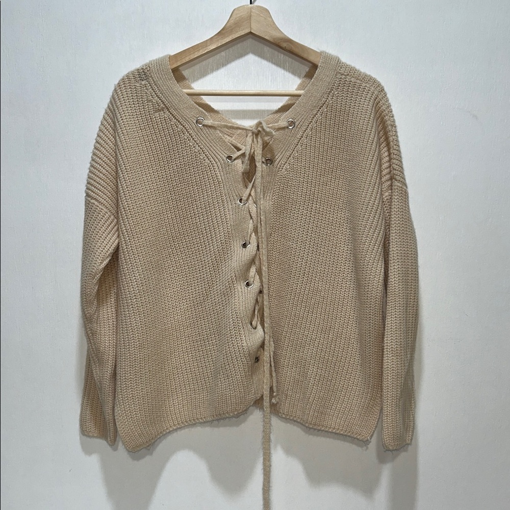 FAB’RIK Tan Knit Lace Up Sweater Women’s Sz LARGE